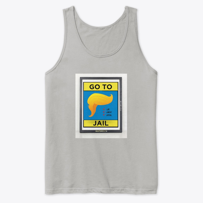 Trump  tank top with words "Go To Jail.