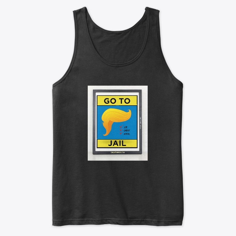 Trump  tank top with words "Go To Jail.